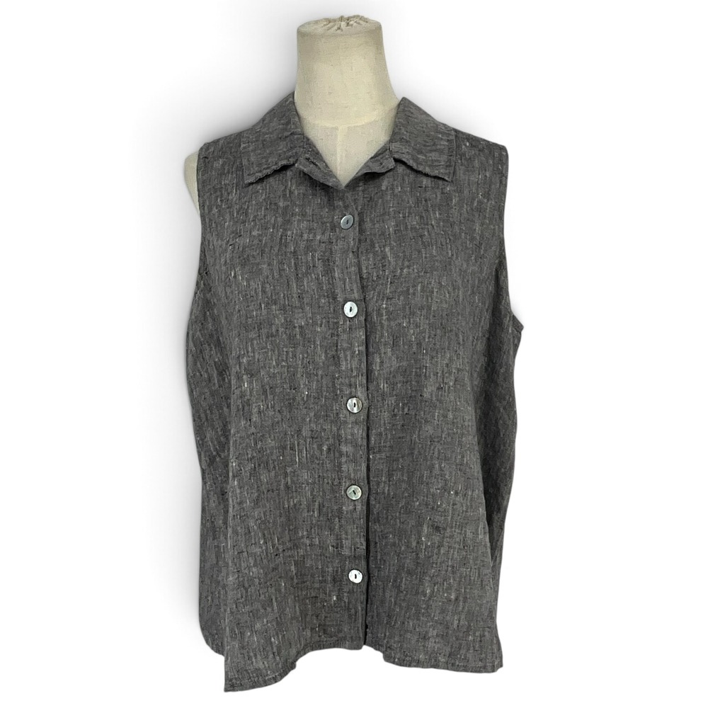 FLAX Women Medium Gray 100% Linen Sleeveless Button Down Shirt Top RN 114739